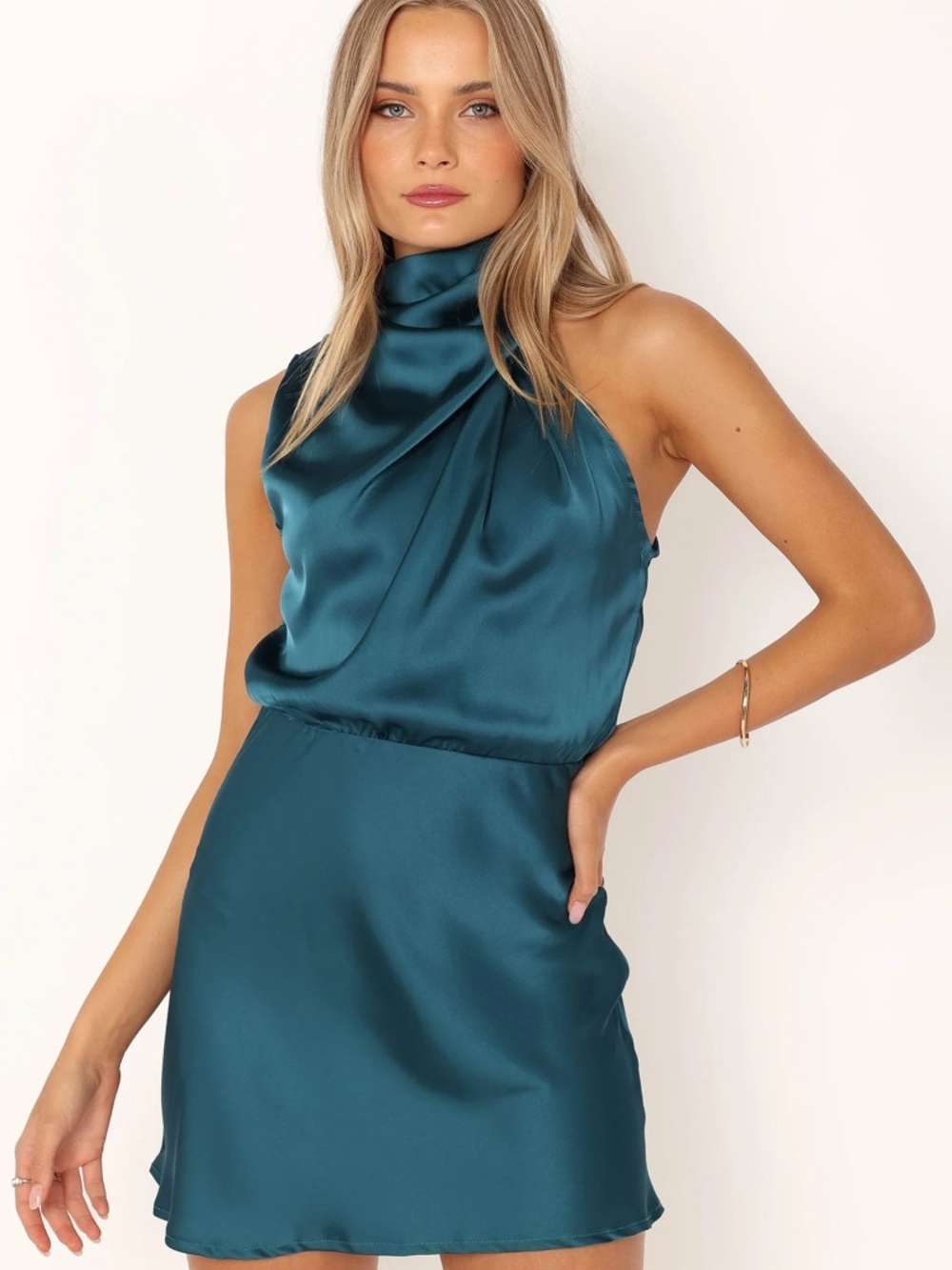 Petal & Pup Teal Satin Halter Mini Dress